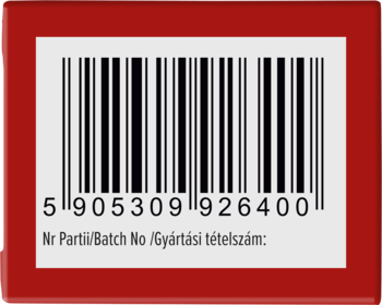 EAN barcode 5905309926400 na czerwonym tle, widok tyłu opakowania brokatowej sztucznej krwi.