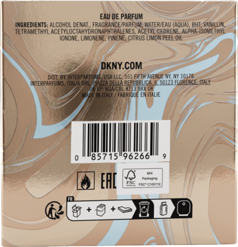 Tył opakowania DKNY Be Delicious Latte Vanilla, złoto-beżowe z niebieskimi wzorami, widoczne składniki i kod kreskowy.