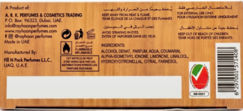 Tył brązowego opakowania perfum Rayhaan Cedrus Blanc z tekstem, składnikami, kodem kreskowym i ikonami ostrzegawczymi.