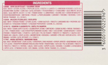 Tył opakowania kremu koloryzującego do włosów, z bliska widać listę składników i kod kreskowy. Nagłówek Ingredients.