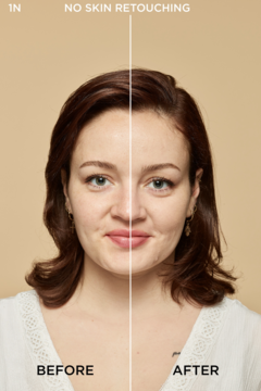 Kobieta, przed i po użyciu podkładu L'Oréal True Match, bez retuszu, naturalne dopasowanie.