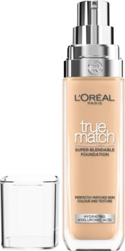 L'Oréal True Match, nawilżający podkład w beżowej szklanej butelce z pompką, z otwartą nakrętką.
