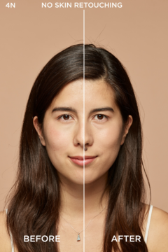 Podkład L'Oréal True Match 4N: przed/po nałożeniu na twarz modelki, bez retuszu skóry.