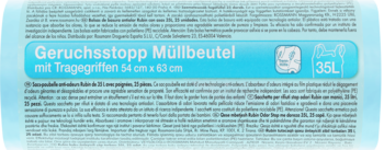 Niebieska etykieta worków na śmieci Geruchsstopp 35L z uchwytami, 25 sztuk. Wymiary 54x63 cm.