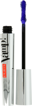 Pupa Vamp! Mascara: Otwarta srebrna tuba z fioletowym tuszem do rzęs, widoczna hourglass szczoteczka.