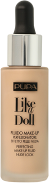 Podkład Pupa Like a Doll Nude Look w beżowej butelce z matowego szkła, z czarnym kroplomierzem.