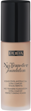PUPA No Transfer Foundation, matujący podkład w beżowej szklanej butelce z czarną nakrętką, widok z przodu.