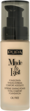 PUPA Made to Last, beztłuszczowy podkład w beżowej szklanej butelce z czarną pompką, widok z przodu.