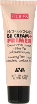 PUPA Professionals BB Cream + Primer SPF 20, beżowa tubka, nawilżający krem tonujący, widok z przodu.