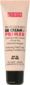 Beżowa tubka PUPA BB Cream + Primer SPF 20, beztłuszczowy, do cery mieszanej i tłustej, widok z przodu.