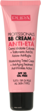 Różowa tubka PUPA Professionals BB Cream+Anti-Età SPF 30 Oil Free, nawilżająco-koloryzujący, z czarną nakrętką.