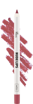 Konturówka Wibo Nude Lips nr 4, biały ołówek z różano-czerwoną końcówką i widocznymi swatchami na fioletowym tle.