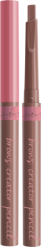 Dwie jasnobrązowe kredki do brwi Lovely Brows Creator, jedna z wysuniętą płaską końcówką, na różowym tle.