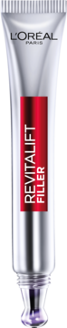 L'Or'eal Revitalift Filler, srebrna tuba, czerwony panel, widok z przodu, serum z kwasem hialuronowym.