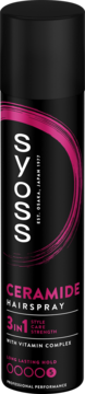Czarny lakier Syoss Ceramide Hairspray 3w1, utrwalenie 5, różowe detale, widok z przodu.