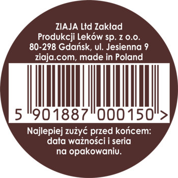 Tył opakowania kremu Ziaja z masłem kakaowym, brązowa etykieta z kodem kreskowym i danymi producenta.
