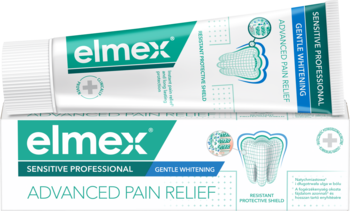 Biała pasta Elmex Sensitive Professional Gentle Whitening w tubce i opakowaniu, widok z przodu, dla ulgi w bólu.