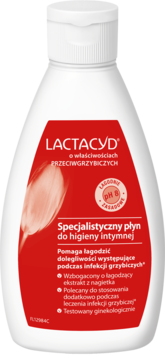 Biała butelka Lactacyd, specjalistyczny płyn do higieny intymnej z nagietkiem, przeciwgrzybiczy, widok z przodu.
