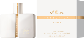 S.Oliver Selection Women EDT: biała butelka ze złotym pionowym paskiem i dopasowane białe pudełko, widok z przodu.
