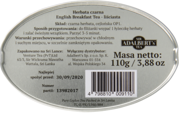 Spód okrągłego, srebrnego opakowania herbaty czarnej Adalbert's English Breakfast liściastej 110g.
