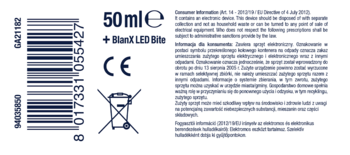 Tył etykiety BlanX White Shock 50ml + LED Bite z kodem EAN, symbolem CE i instrukcją utylizacji.