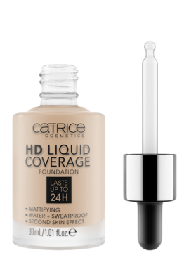 Matujący podkład Catrice HD Liquid Coverage 24H, beżowy, w butelce z pipetą, widok z przodu.