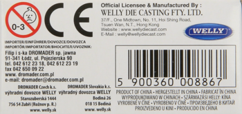 Tył opakowania modelu auta Welly Q-Collection z kodem kreskowym, znakiem CE i informacjami producenta.