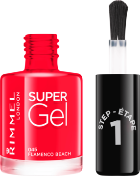 Czerwony lakier Rimmel Super Gel 045 Flamenco Beach z otwartą butelką, pędzelkiem i czarnym wieczkiem 'STEP 1'.