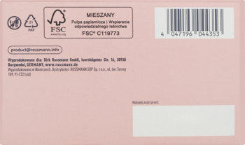 Tył różowego opakowania wkładek higienicznych Classic długich, 40 szt., z kodem kreskowym, FSC i danymi producenta.