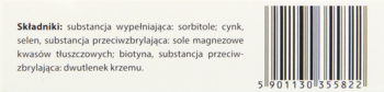 Tył opakowania suplementu diety Biotemax Duo z jasnym tłem i czarnym tekstem składników (biotyna, cynk, selen) oraz kodem kreskowym.