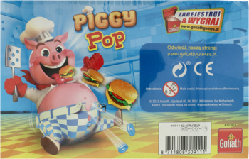 Tył pudełka Goliath Piggy Pop: kucharz prosiak z burgerami, napisy promocyjne i kod kreskowy.