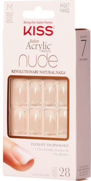KISS Salon Acrylic French Nude, 28 średnich, prostokątnych paznokci, Flexi-Fit, widok z przodu opakowania.