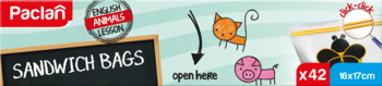 Opakowanie woreczków śniadaniowych Paclan (x42) z grafiką kota, świni i pszczoły. Tekst: SANDWICH BAGS.
