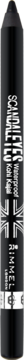 Czarny wodoodporny eyeliner Rimmel Scandaleyes, widok z przodu, z pionowym białym napisem i flagą UK.