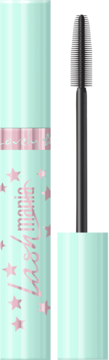 Maskara Lovely Lashmania: miętowa tubka z różowymi gwiazdkami i napisem, widok z boku z aplikatorem.