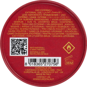 Spód opakowania Versace Red Jeans, czerwona puszka z międzynarodowymi informacjami, kodem QR i kodem kreskowym.