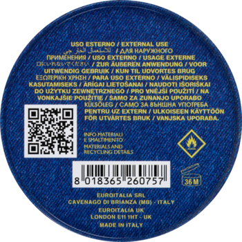 Tył okrągłego, niebieskiego opakowania Versace Blue Jeans Man woda toaletowa, z kodem QR, kodem kreskowym i instrukcjami.