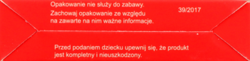 Bok czerwonego opakowania Zagadki z dziurką z białym tekstem: instrukcje użytkowania i ostrzeżenia.