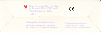 Spód opakowania Kreatywnego zestawu puzzli, widoczne informacje producenta, znak CE i ostrzeżenia bezpieczeństwa.