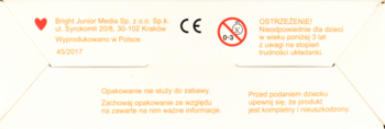 Tył opakowania puzzli Cyferki CzuCzu: CE, ostrzeżenie 3+, dane Bright Junior Media, Made in Poland.