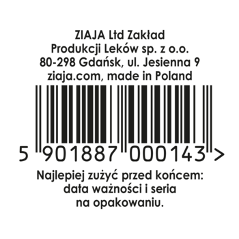 Biała, okrągła etykieta z kodem kreskowym Ziaja i danymi producenta, widok z tyłu opakowania.