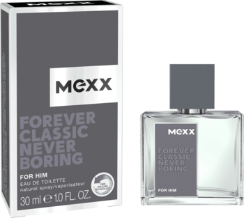Mexx Forever Classic Never Boring woda toaletowa męska 30ml, szare pudełko obok szklanej butelki, widok frontowy.