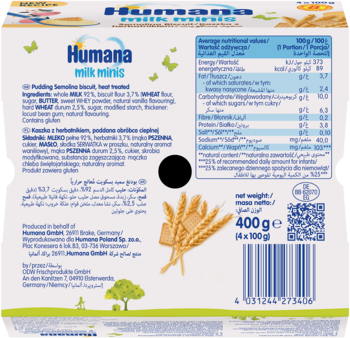 Tył opakowania Humana Milk Minis deserek mleczny kaszka z herbatnikiem, z tabelą wartości odżywczych i kodem kreskowym.