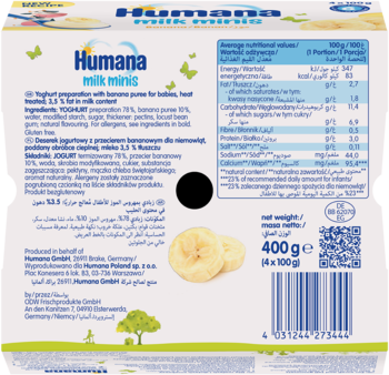 Tył opakowania Humana Milk Minis deserek bananowy 400g. Białe, z tabelami składu, kodem kreskowym i bananami.