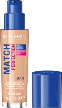 Rimmel Match Perfection 81 Fair Ivory SPF 20, beżowy podkład z niebieską pompką i oddzieloną nakrętką.