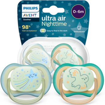 Dwa smoczki Philips Avent Ultra Air Nighttime 0-6m, zielone z gwiazdą i sową, świecące w ciemności, widok z przodu.