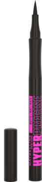 Czarny liner w pisaku Maybelline Hyper Precise z odkrytą końcówką i zdjętą skuwką, widoczny różowy napis.