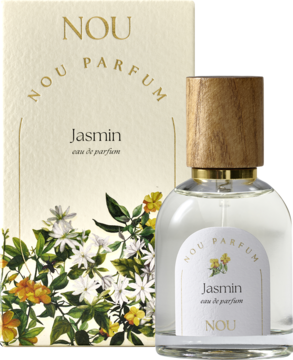 NOU Jasmin, kwiatowo-cytrusowa woda perfumowana. Butelka z drewnianą zakrętką i beżowe pudełko z wzorem roślinnym.