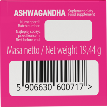 Różowe opakowanie suplementu Ashwagandha, tył z kodem kreskowym, masą netto 19,44 g i informacjami o partii.