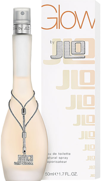 Glow by JLO, kwiatowo-owocowa woda toaletowa w smukłej, matowej butelce ze srebrnym łańcuszkiem, obok białe pudełko.